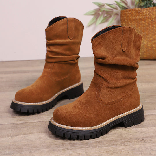 Damen weiche Wildleder-Stiefel mit lässigem Faltenlook und robuster Profilsohle R&B