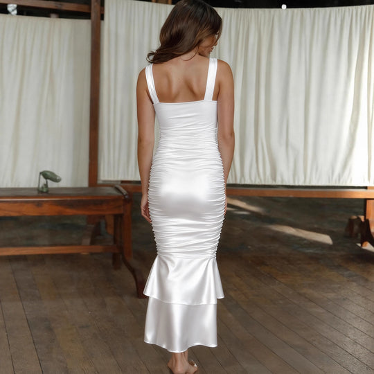 Damen Figurbetontes Satin-Maxi-Kleid mit Rüschendetails R&B