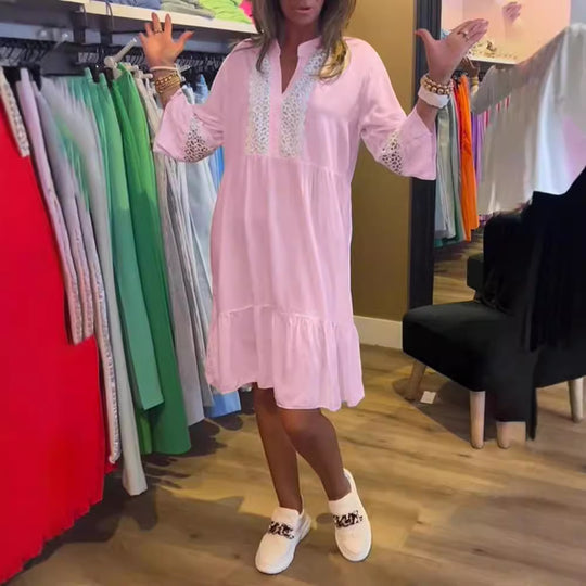 Damen nan lockeres Babydoll-Tunikakleid mit Spitzenpasse, V-Ausschnitt, Stehkragen und Stufenvolant R&B