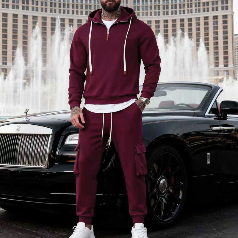 Herren nan lässiger Fleece-Jogginganzug mit halbem Reißverschluss und Cargo-Taschen R&B