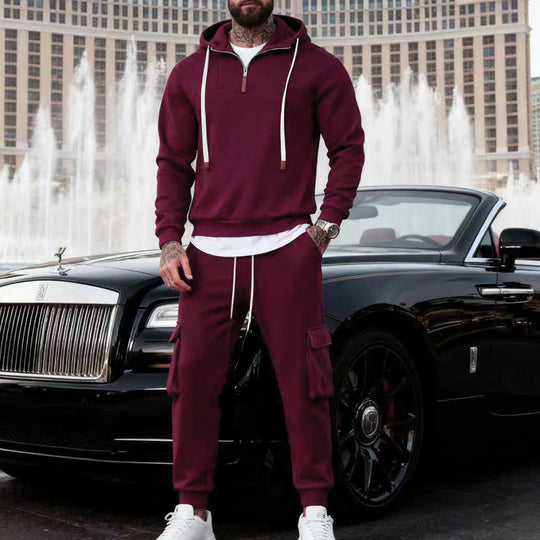 Herren nan lässiger Fleece-Jogginganzug mit halbem Reißverschluss und Cargo-Taschen R&B