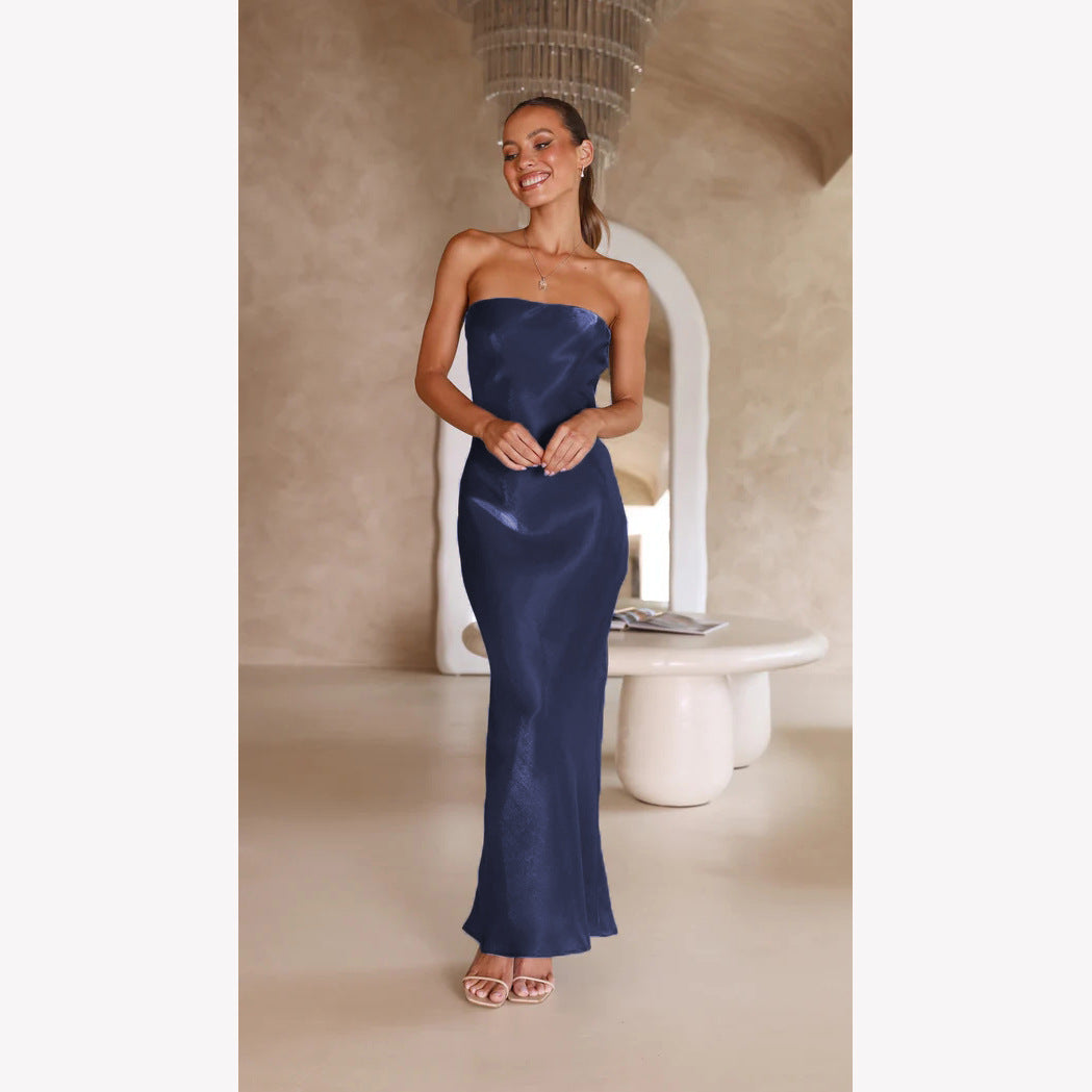Damen Elegantes Bandeau-Maxikleid mit fließendem Satin und körpernaher Silhouette R&B