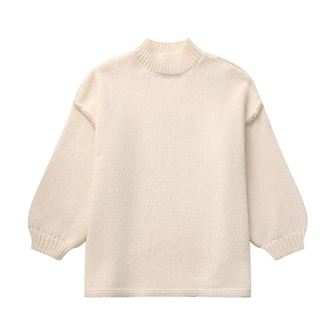 Damen lockerer Strickpullover mit hohem Kragen und überschnittenen Schultern