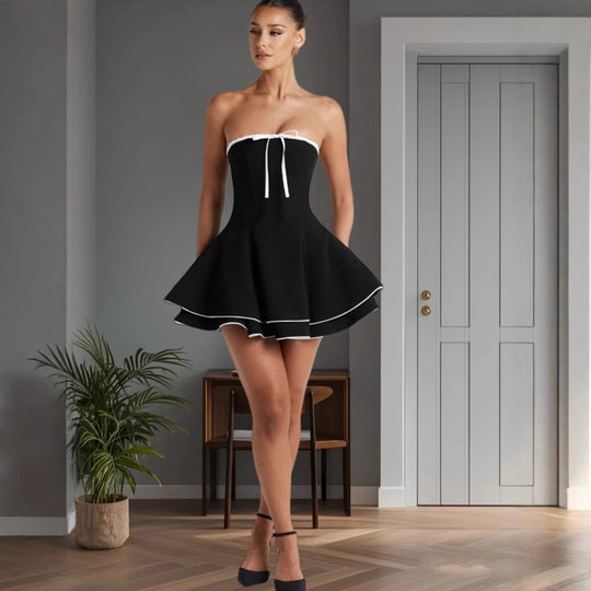 Damen Strapless Freizeitkleid mit voluminösem Schnitt und dekorativem Bindeband R&B