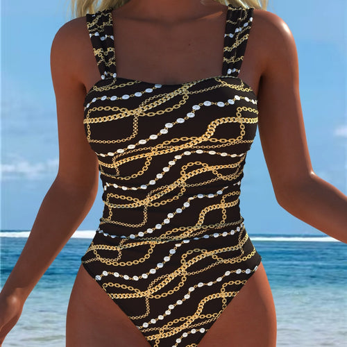 Damen einteiliger Badeanzug mit glamourösem Kettenmuster und breiten Trägern R&B