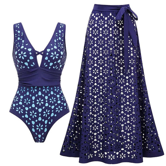 Damen Badeanzug und Rock mit floralen Ausschnitten R&B