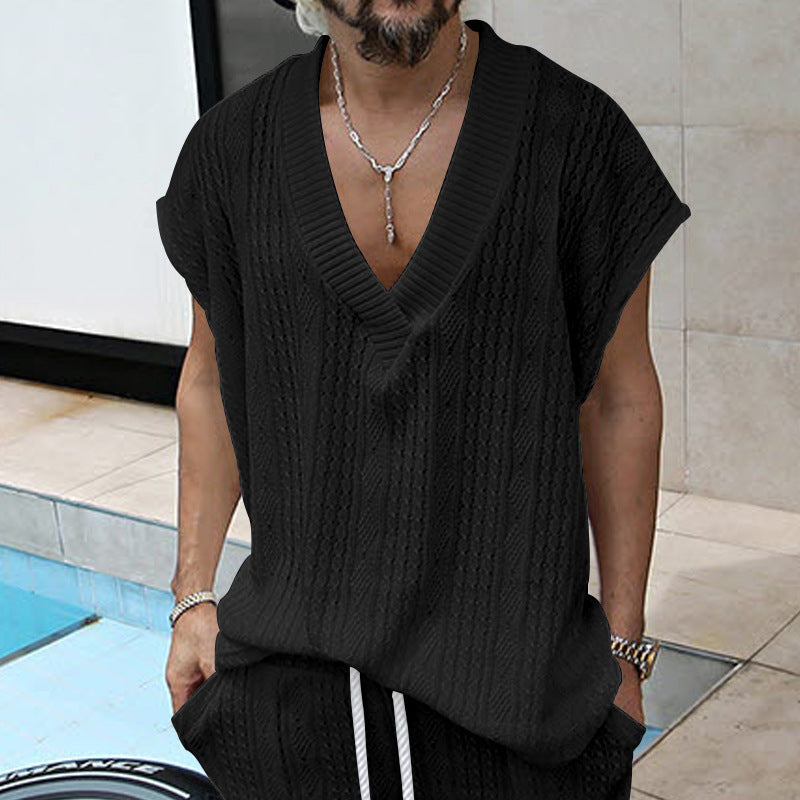 Herren nan kastiges Stricktop aus grobem Strick mit tiefem V-Ausschnitt und Strukturmuster R&B