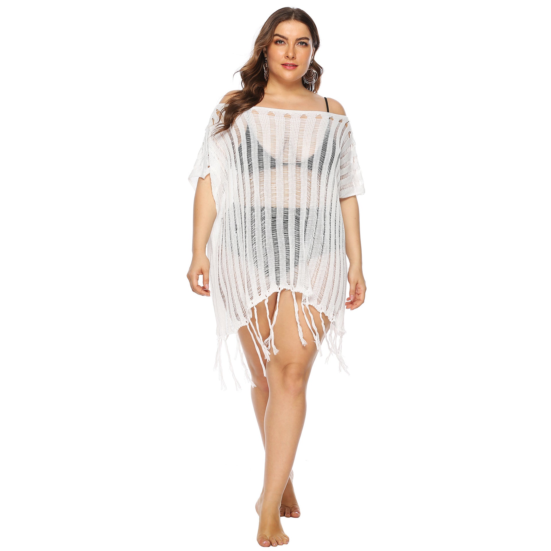 Damen luftiger Häkel-Strandüberwurf mit trendy Fransen R&B