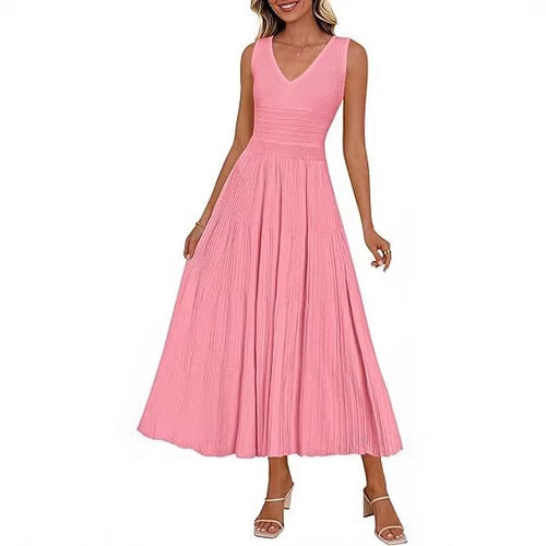 Damen Plisseekleid mit V-Ausschnitt und weitem Saum R&B