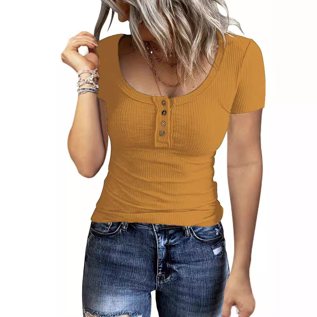 Damen Kurzes T-Shirt mit Knopfdetails und Rippstruktur R&B