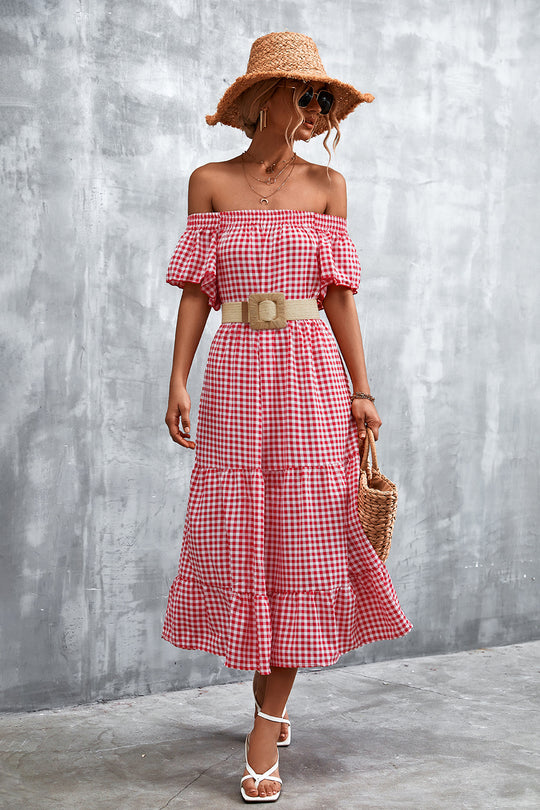 Damen Fließendes Maxikleid mit off-shoulder Design und Rüschensaum R&B