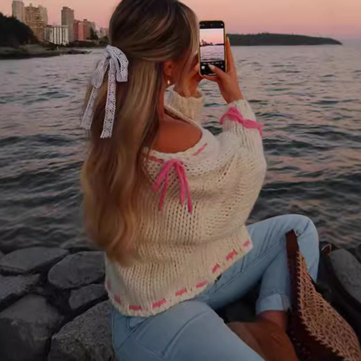 Damen lässiger Pullover mit offener Schulter und dekorativem Bindegürtel R&B