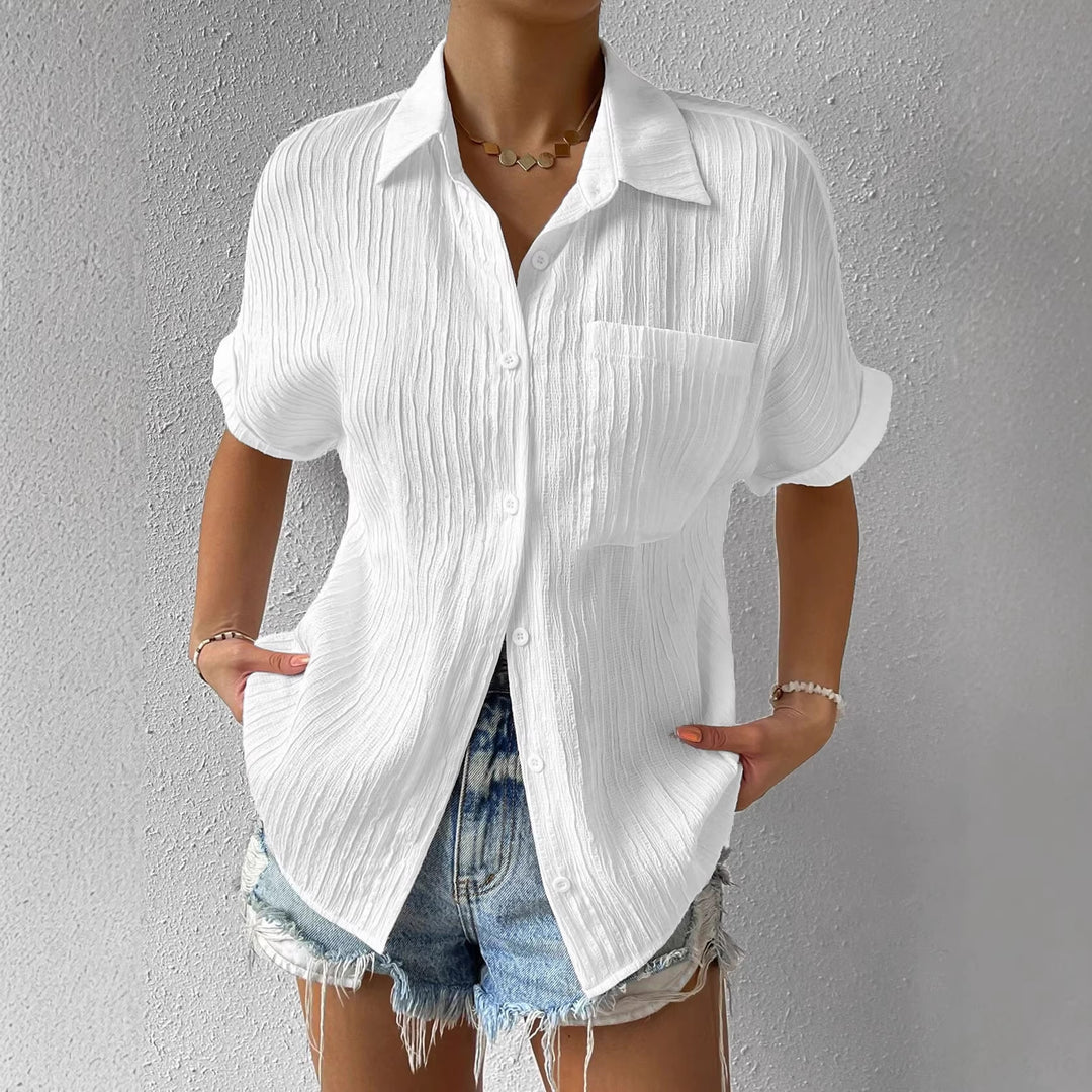 Damen lässige kurzärmlige Bluse mit Struktur und Brusttasche R&B