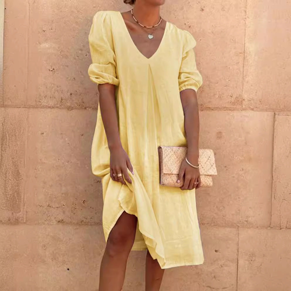 Damen lässiges Leinenkleid mit V-Ausschnitt und Puffärmeln R&B