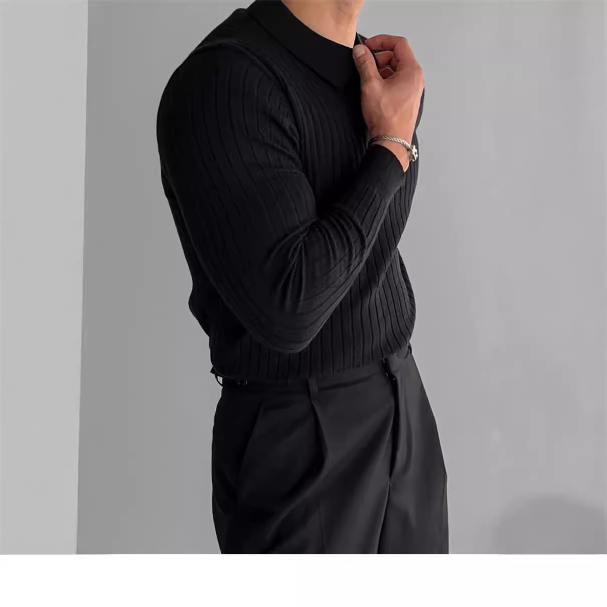 Herren nan figurbetontes Rippstrick-Polopullover mit offenem V-Ausschnitt und schmaler Passform R&B