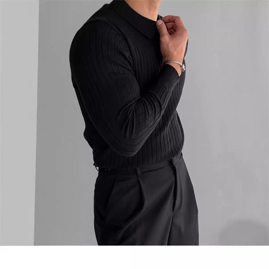 Herren nan figurbetontes Rippstrick-Polopullover mit offenem V-Ausschnitt und schmaler Passform R&B