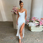 Damen Elegantes Maxikleid mit tiefem seitlichem Schlitz und verstellbaren Spaghettiträgern R&B