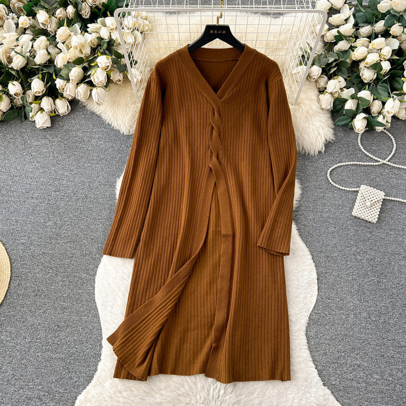Damen elegantes Strickanzug mit V-Ausschnitt und weitem Bein R&B