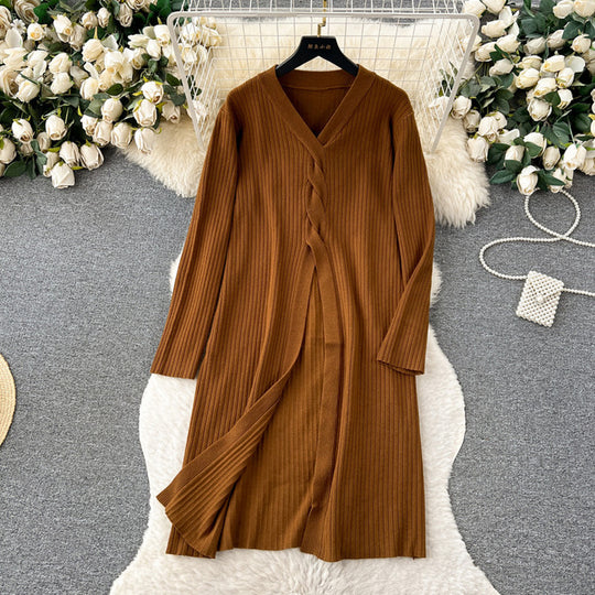 Damen elegantes Strickanzug mit V-Ausschnitt und weitem Bein R&B