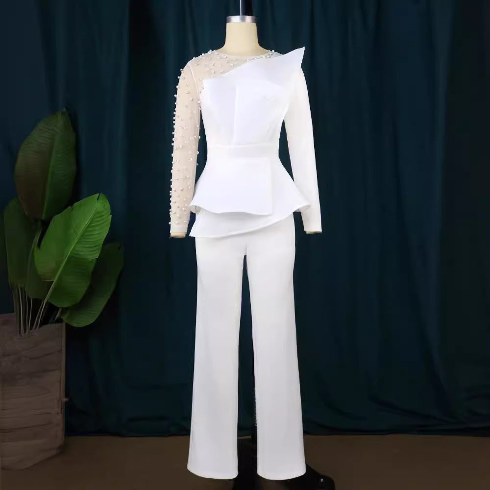 Damen eleganter Jumpsuit mit asymmetrischem Oberteil und raffiniertem Rüschendesign R&B