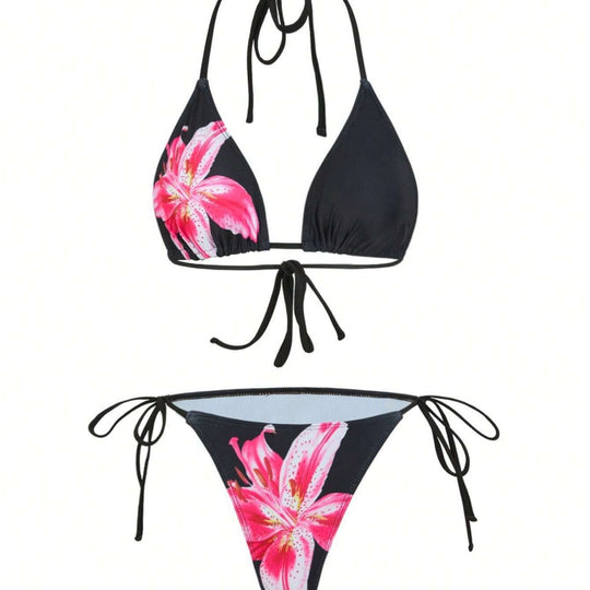 Damen Triangel-Bikini-Set mit floralen Mustern und transparentem Maxirock R&B