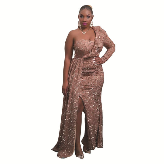 Damen Elegantes schulterfreies Maxikleid mit glitzernden Akzenten und asymmetrischem Design R&B