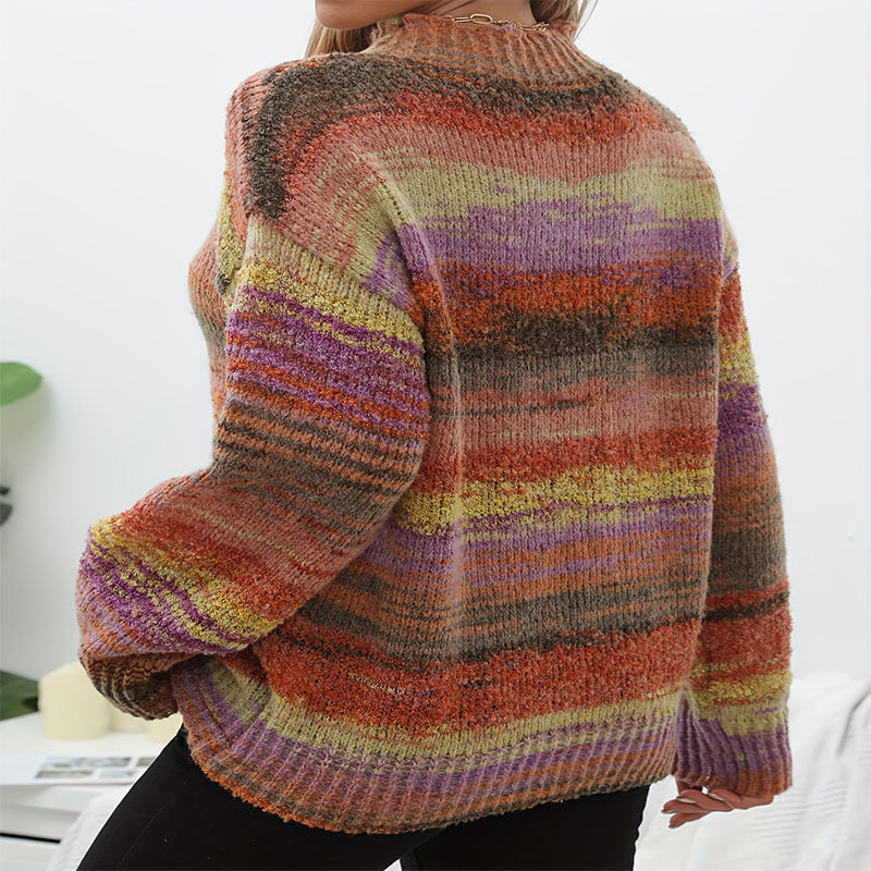 Damen Strickpullover mit buntem Wellenmuster und hohen Kragen R&B