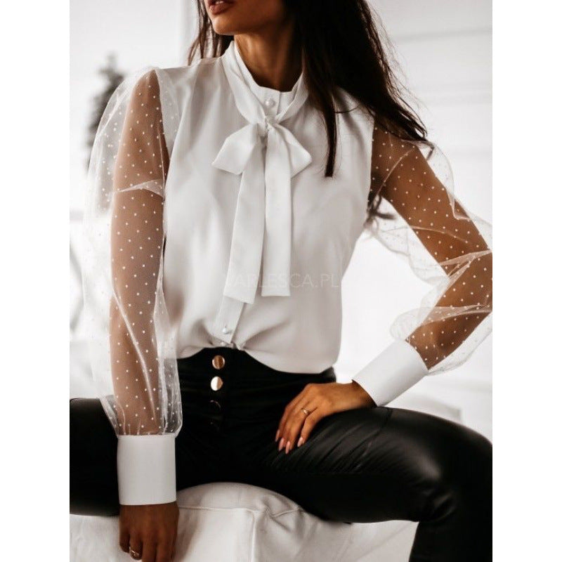 Damen Bluse mit transparenten Puffärmeln und filigranem Schleifen-Detail R&B