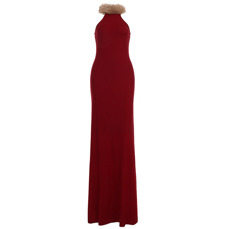 Damen Elegantes Maxikleid mit luxuriösem Kunstpelzkragen R&B