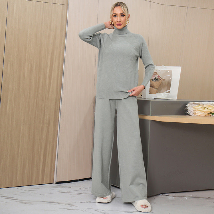 Damen elegantes Strick-Loungewear-Set mit hohem Kragen und weitem Schnitt R&B