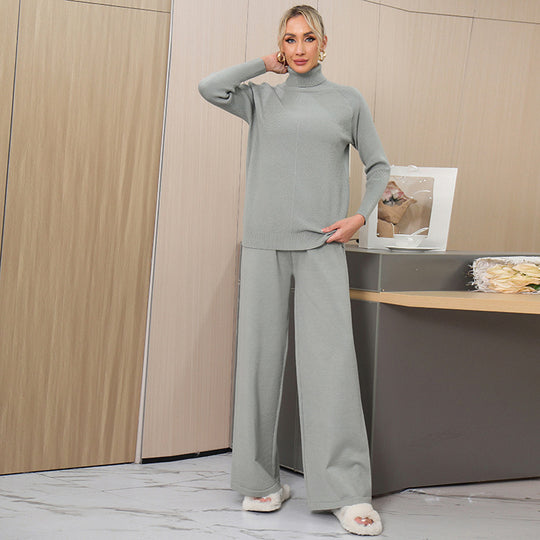 Damen elegantes Strick-Loungewear-Set mit hohem Kragen und weitem Schnitt R&B
