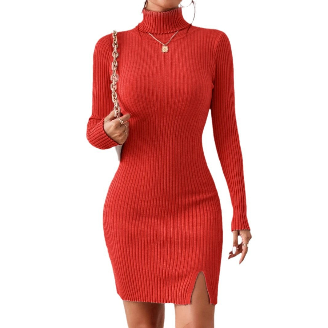 Damen figurbetontes Rippkleid mit hohem Kragen und Seitenschlitz R&B