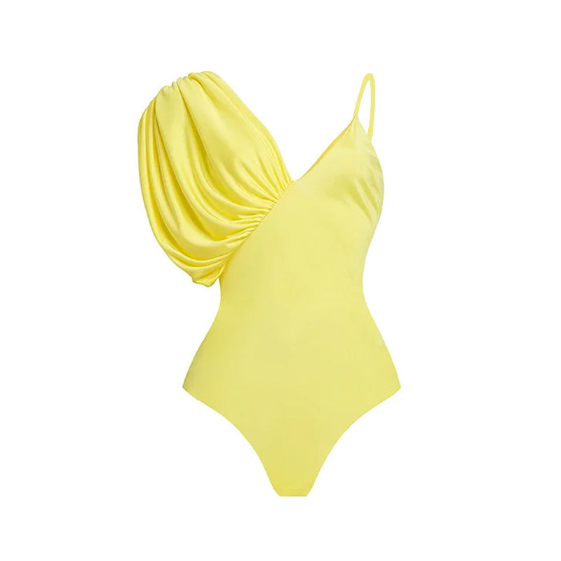 Damen asymmetrischer Einteiler Badeanzug mit voluminösen Puffärmeln R&B