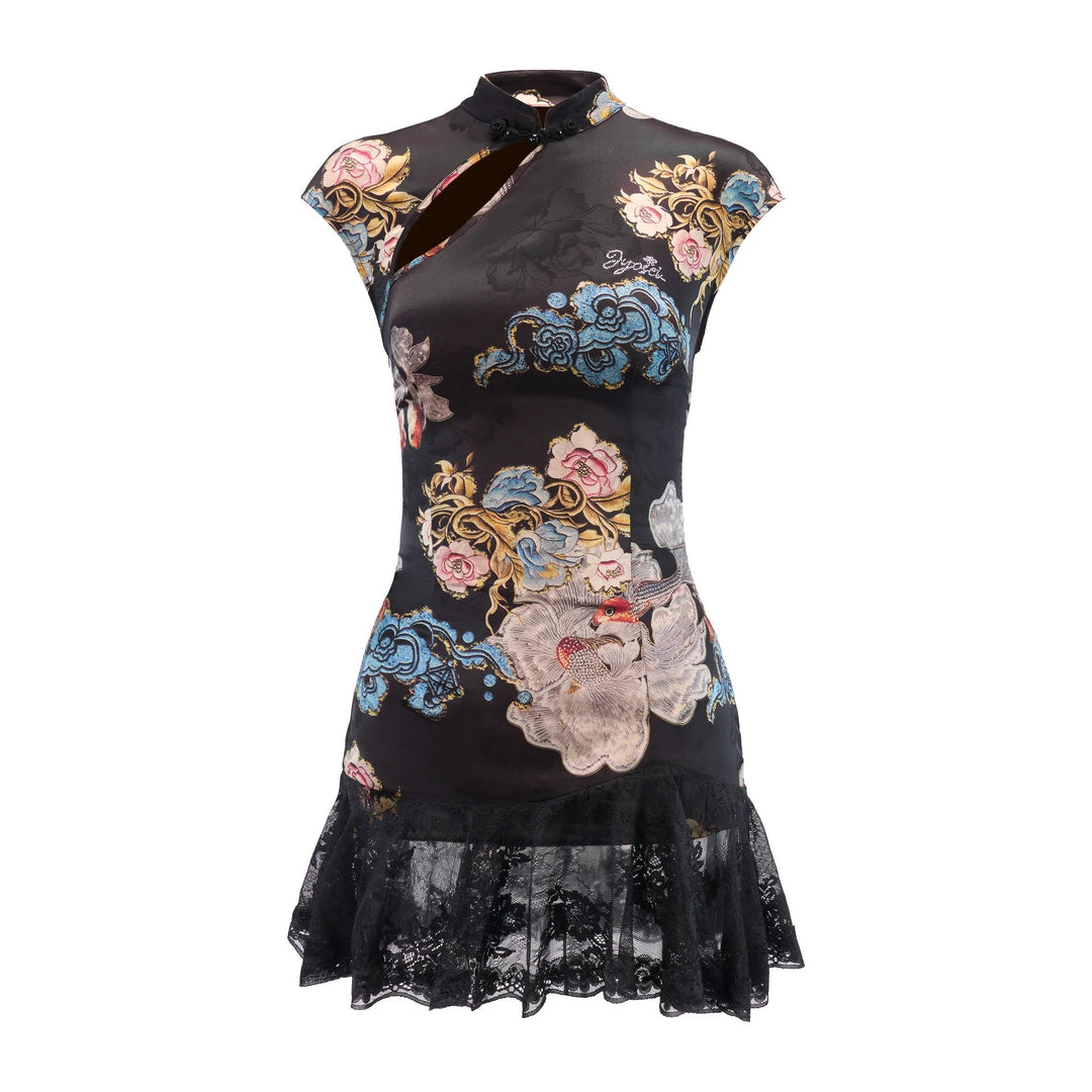 Damen Kurzärmliges Blumenkleid mit Spitzenunterrand R&B