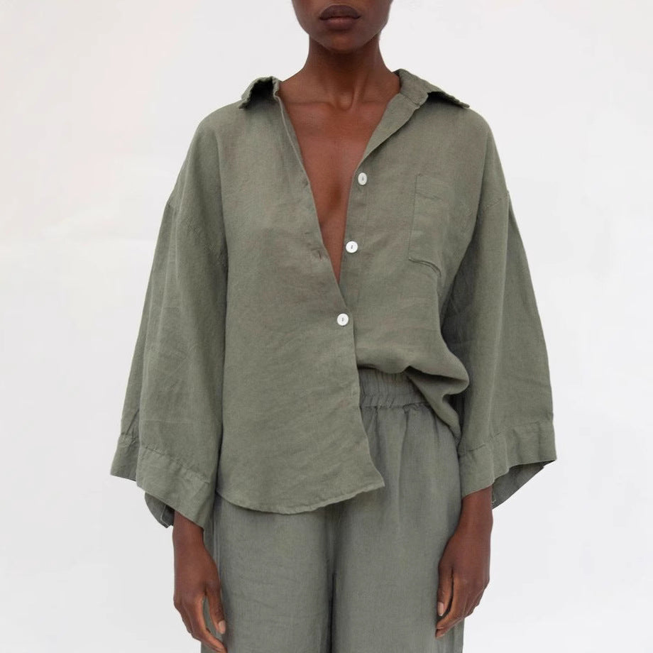 Damen Lässige Leinenbluse mit bequemen Schnitt und praktischen Taschen