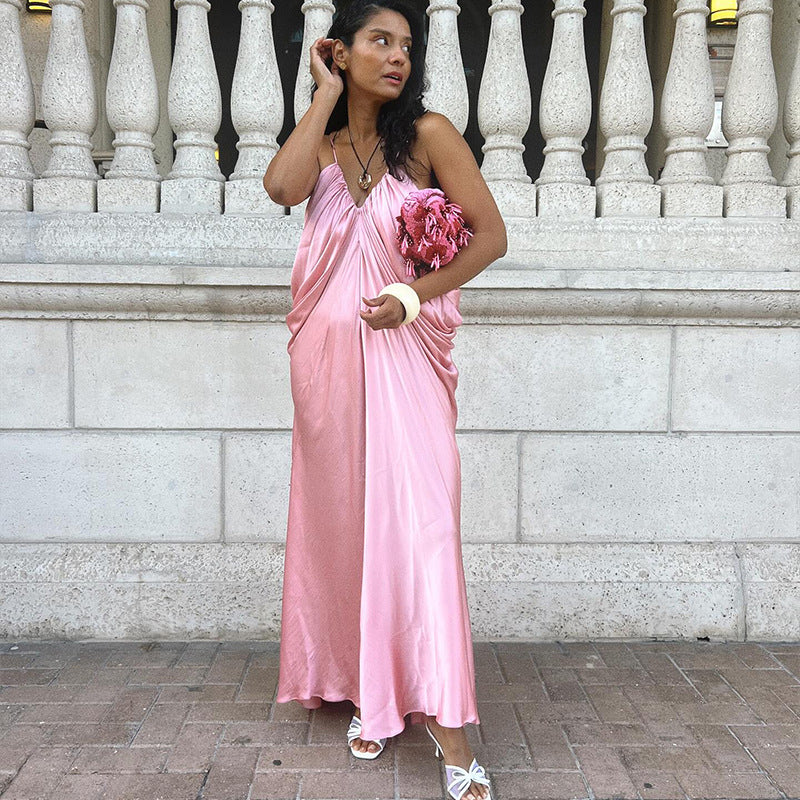 Damen Elegantes Maxikleid mit fließendem Satin und Spaghettiträgern