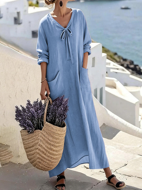Damen Maxikleid mit seitlichen Taschen und Schleifendetails R&B