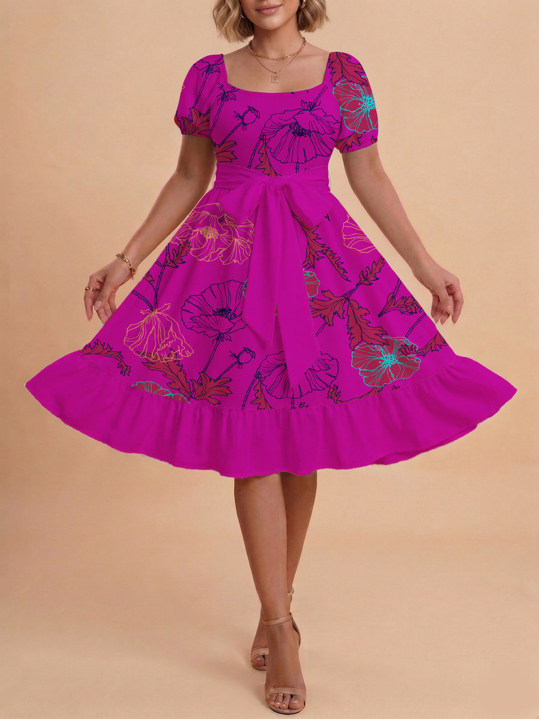 Damen modernes Blumenkleid mit elegantem Taillengürtel und asymmetrischem Saum R&B