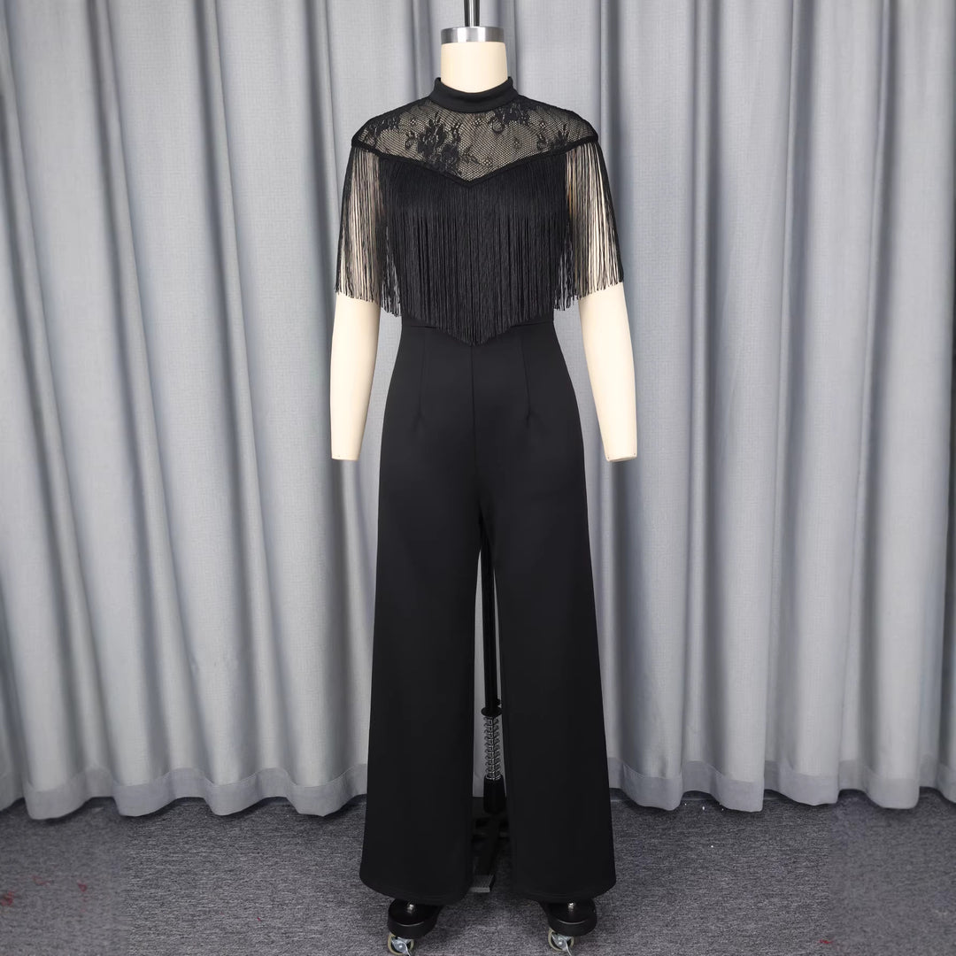 Damen Eleganter Jumpsuit mit schickem Fransen und Spitzenakzenten R&B