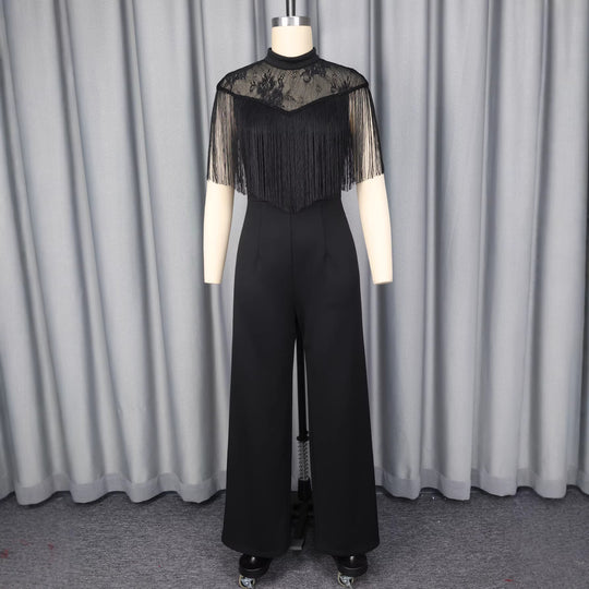 Damen Eleganter Jumpsuit mit schickem Fransen und Spitzenakzenten R&B