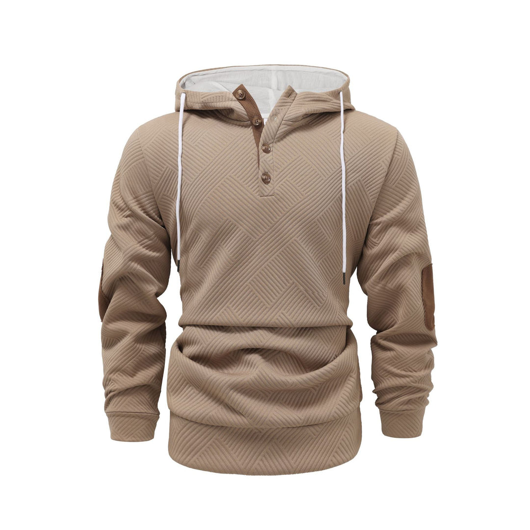 Herren nan strukturierter Kapuzenpullover im Henley-Stil mit Kontrastbesatz und Ellenbogenaufnähern R&B