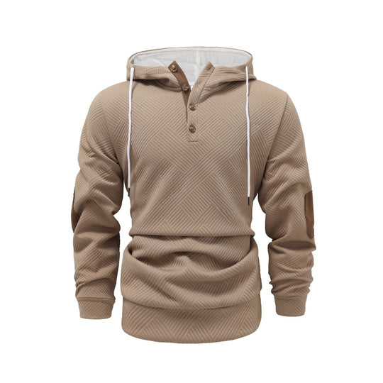 Herren nan strukturierter Kapuzenpullover im Henley-Stil mit Kontrastbesatz und Ellenbogenaufnähern R&B