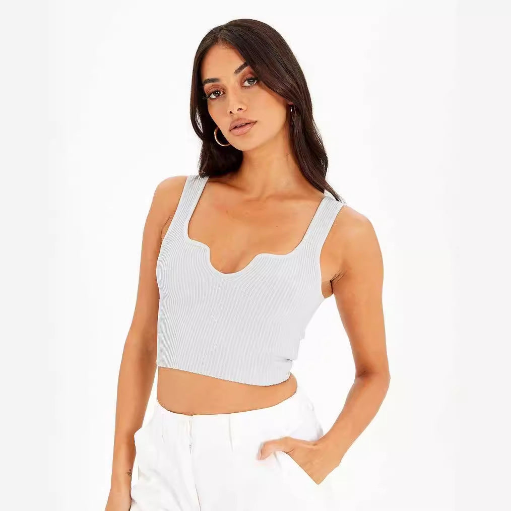 Damen Crop-Top mit Wellen-Ausschnitt und feiner Rippstruktur R&B