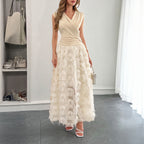 Damen Maxi-Faltenkleid mit Fransen R&B
