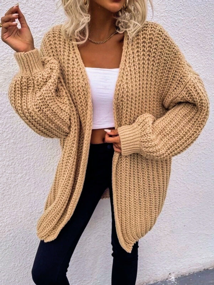 Damen lässiger Grobstrick-Cardigan mit tiefen Taschen und voluminösen Ärmeln R&B