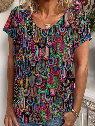 Damen Kreatives Kurzarmshirt mit verspieltem Muster R&B
