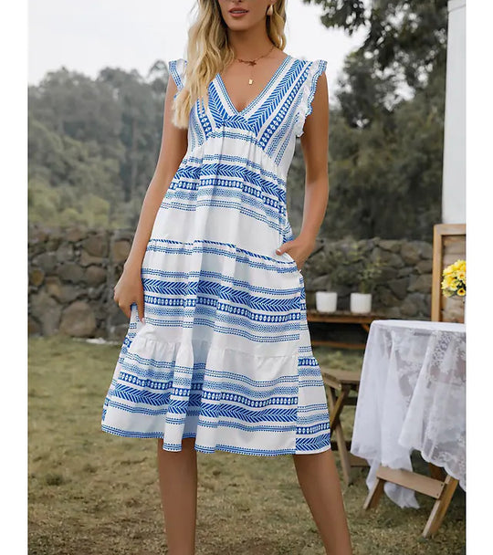 Damen Freizeitkleid mit raffinierten Rüschendetails und stilvollem Gürteldesign R&B