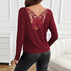 Damen nan geripptes Langarmshirt mit dekorativem Schmetterlings-Spitzenausschnitt R&B