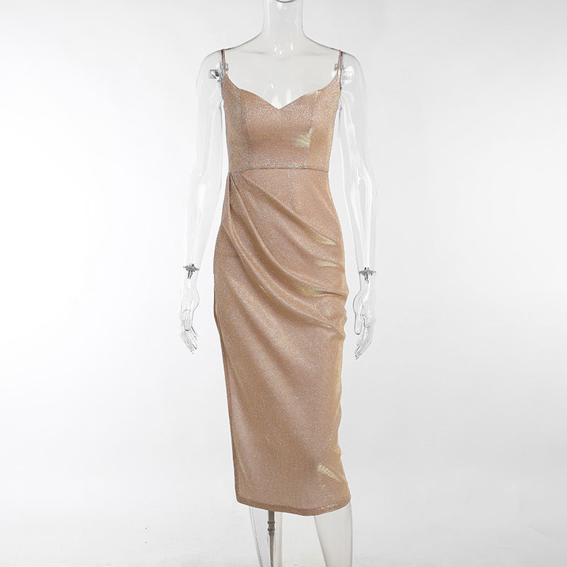 Damen elegantes Metallic-Effekt-Midikleid mit Spaghettiträgern R&B