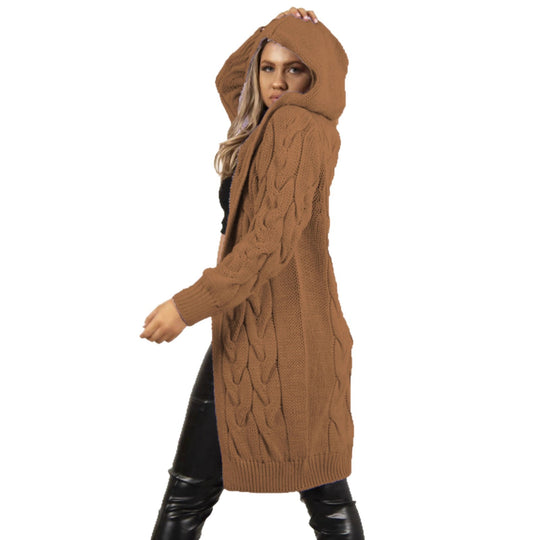 Damen Strickmantel mit Kapuze und Zopfmuster R&B